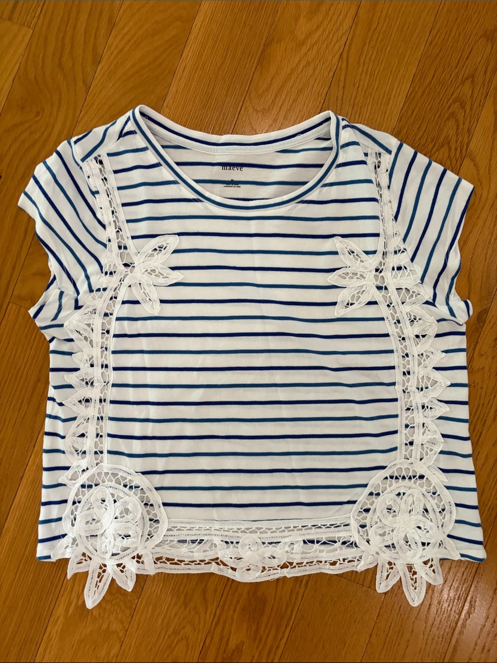 Maeve White and Navy Striped Lace-Trim Short Sleeve Top